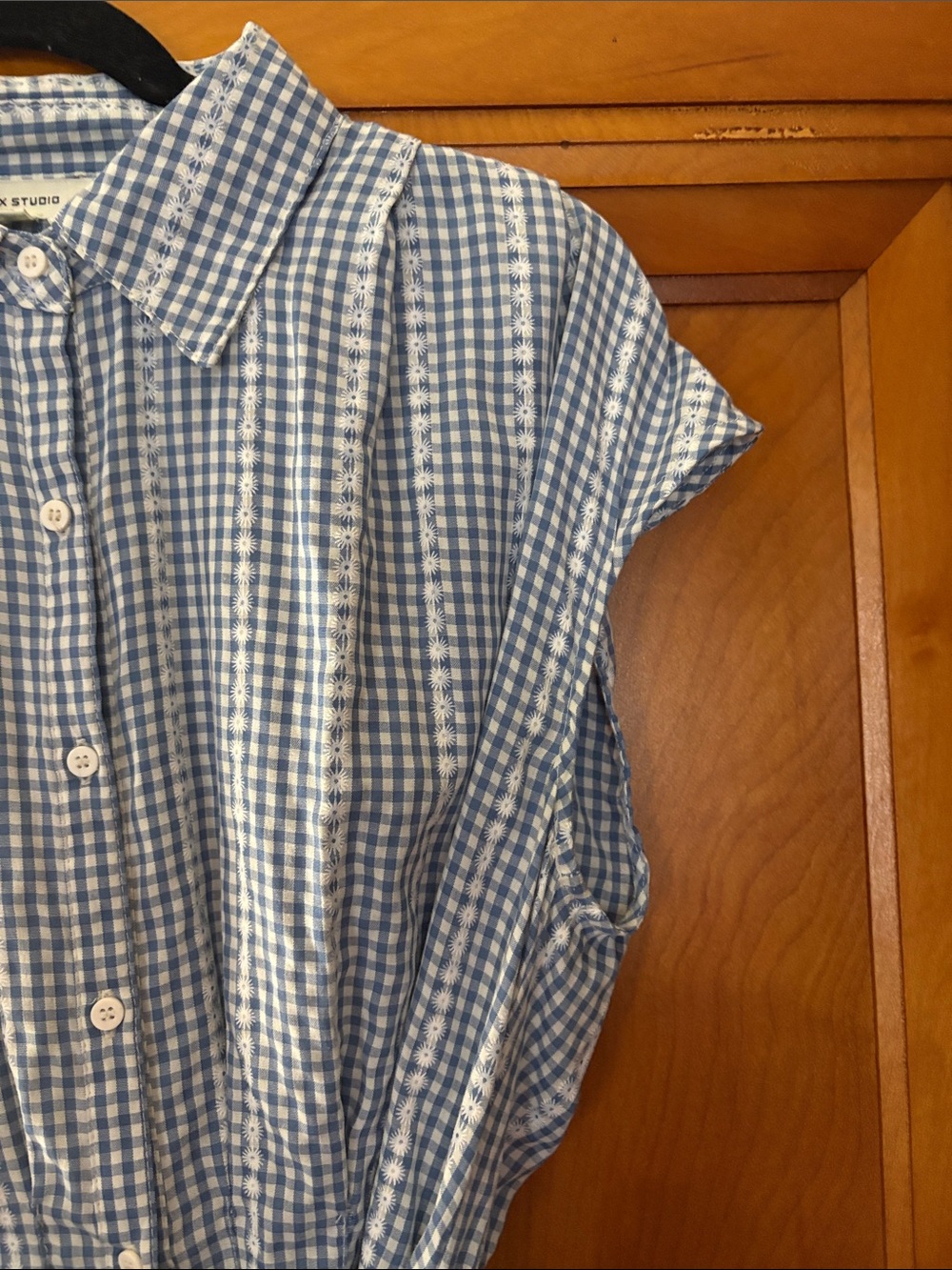 Max Studio Blue and White Gingham Tie-Waist Button-Down Top; sleeveless; M - Picture 4 of 11